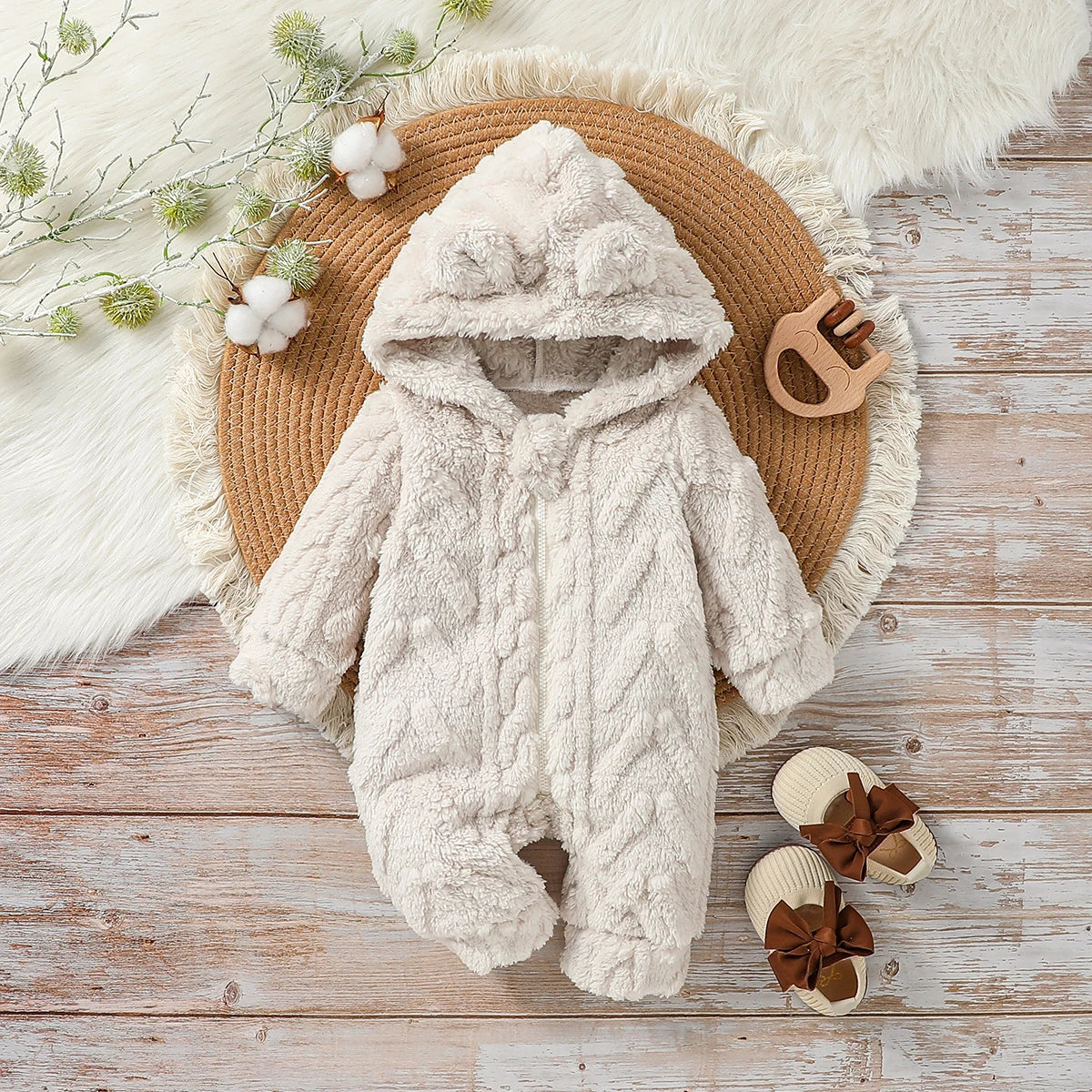Baby Boys Winter Plush Zip-Up Hoodie Jumpsuit