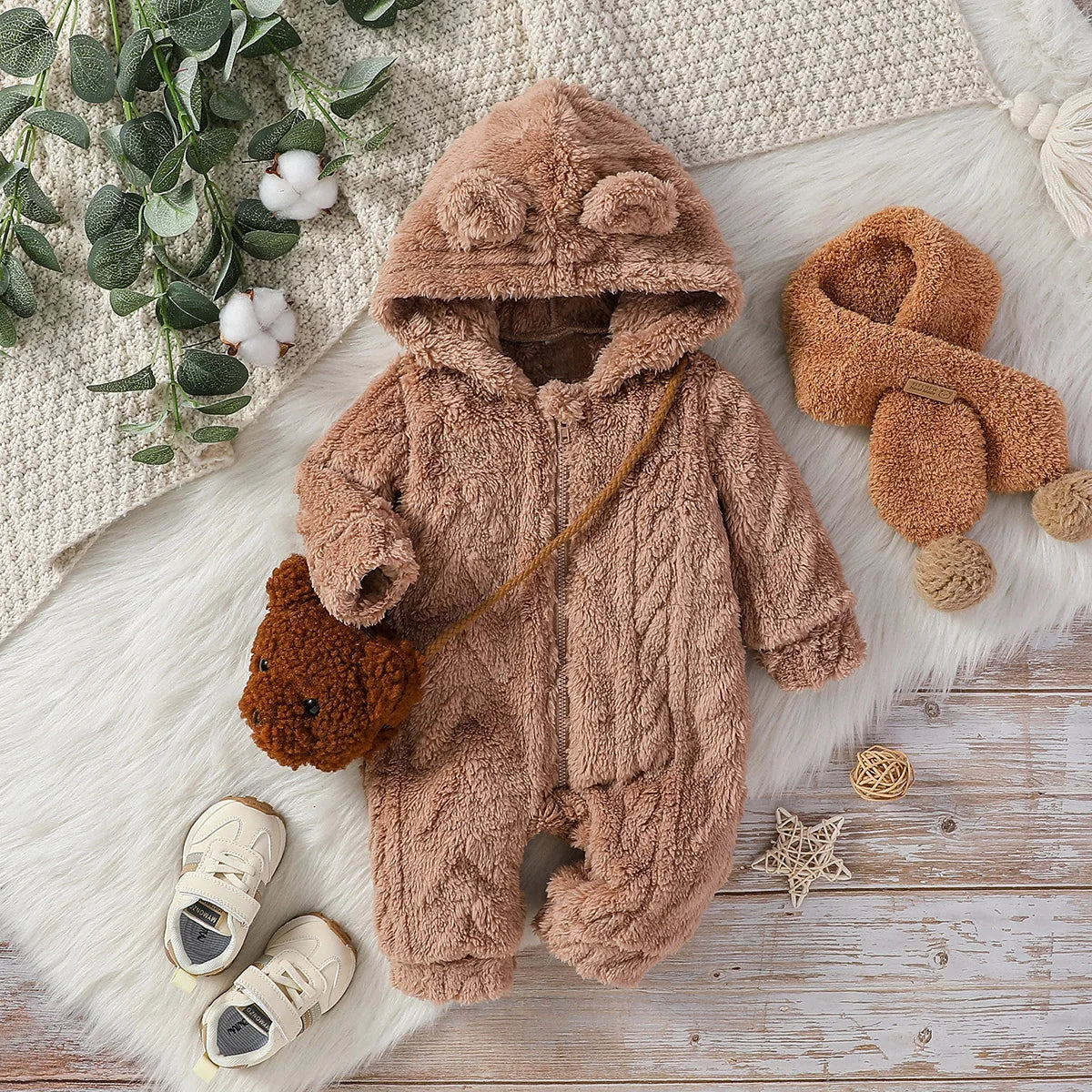 Baby Boys Winter Plush Zip-Up Hoodie Jumpsuit